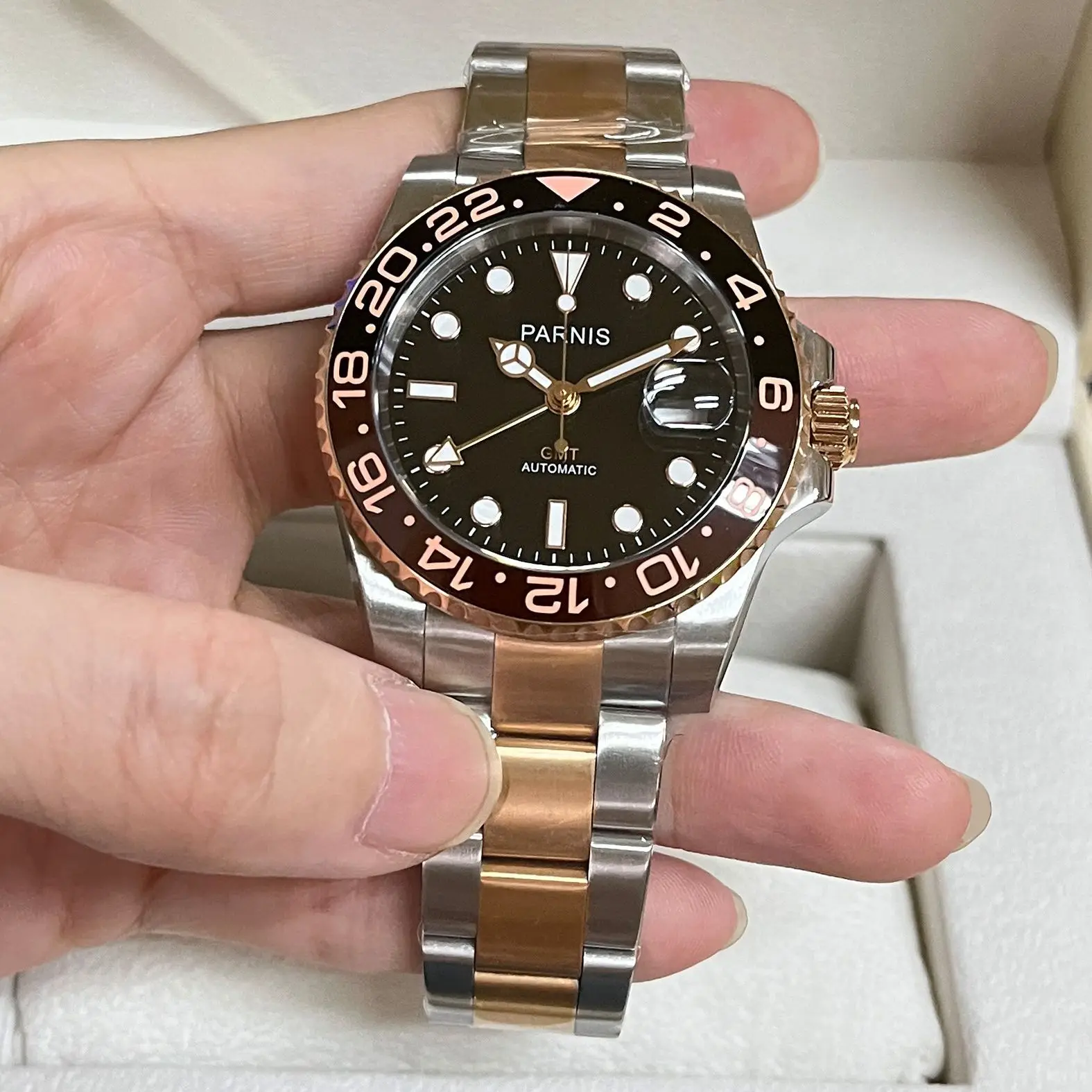 Imagem -06 - Nova Moda Parnis 40 mm Rosa Ouro Automático Relógios Mecânicos Gmt Safira Homem de Cristal Relógio Esportivo à Prova Impermeável Água Presente