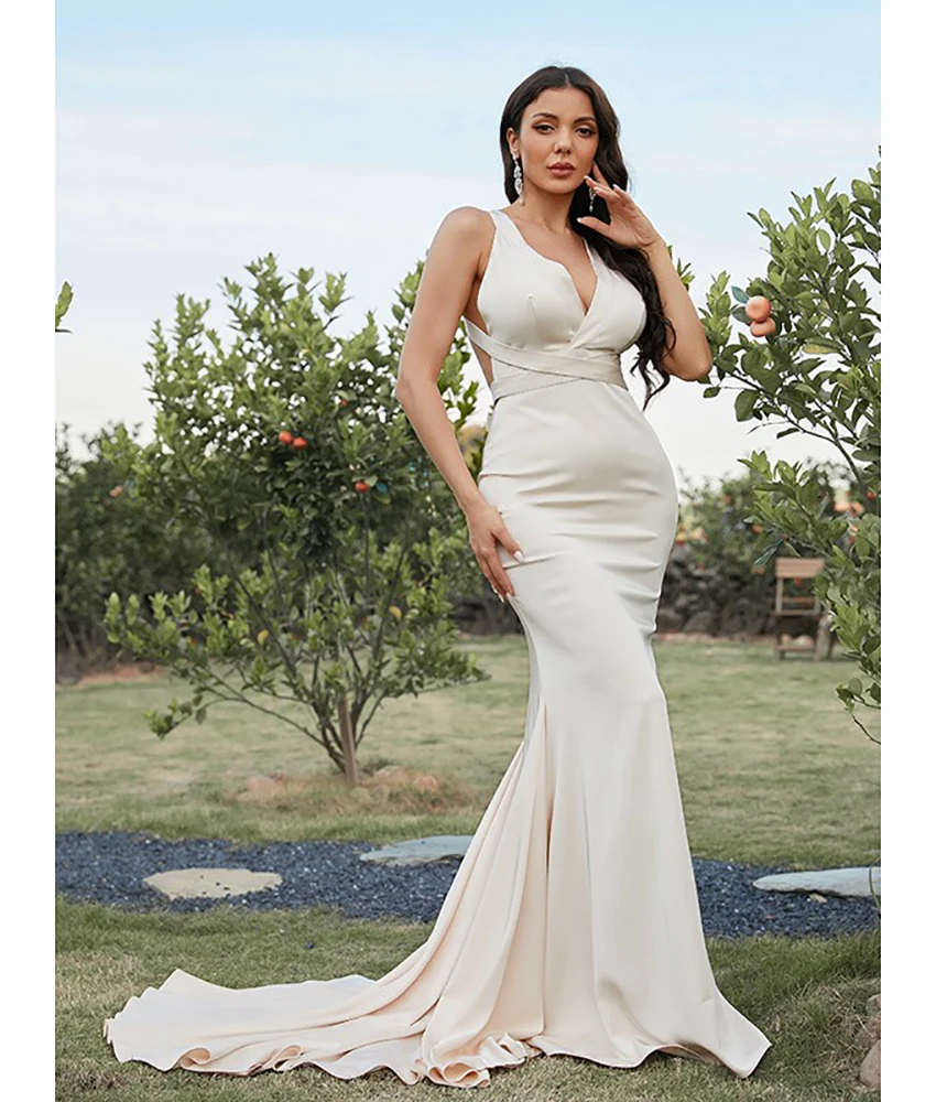 

Customized High Quality Jersey Mermaid Spaghetti Straps Evening Dress Sexy Sleeveless V-Neck Floor Length Special Occasion Gowns