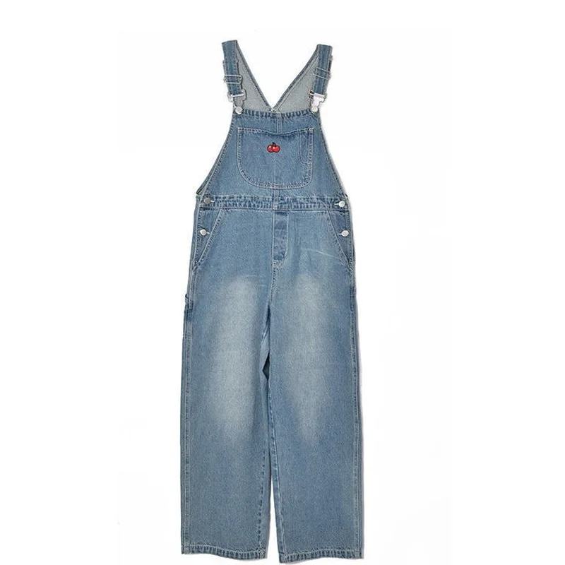 Cherry Embroidered Jean Jumpsuits Women New Vintage Baggy Denim Overalls High Street Straight Loose Wide-leg Pants Female