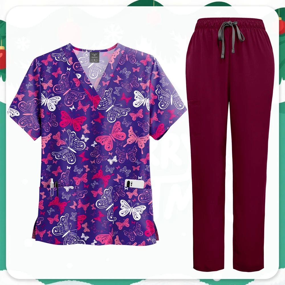 Bedrucktes Scrubs-Oberteil mit Taschen, gerade Hose, V-Ausschnitt, OP-Uniformen, Damen, Herren, Pet Shop, Arbeitskleidung, Arzt, Krankenschwester