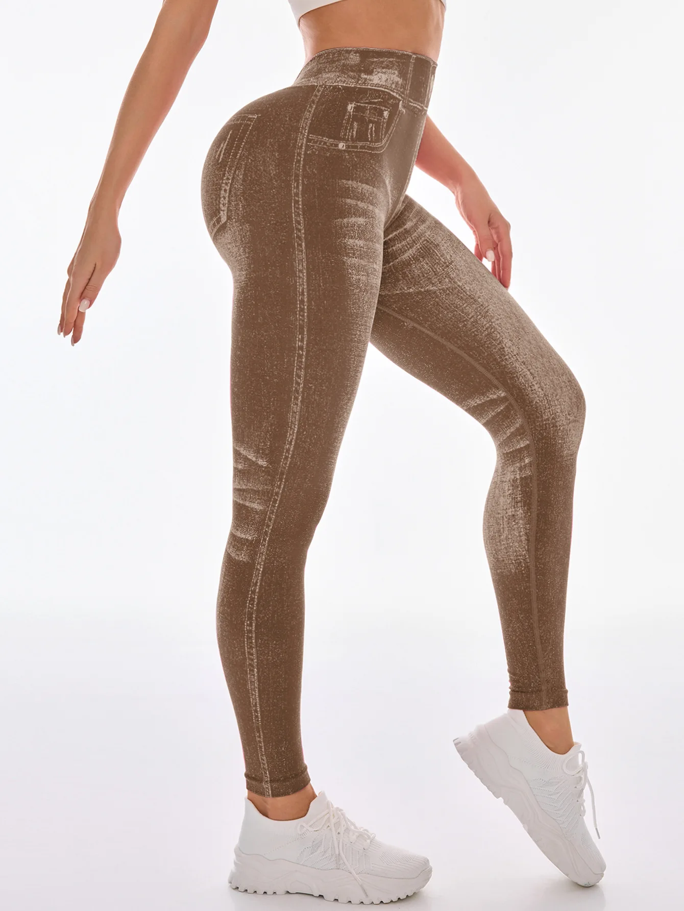 Damen Faux-Denim Nahtlose Yoga-Hose mit V-Rücken, Taillen- und Po-Lifting-Effekt, Hochelastische Schlanke Sport-Leggings, Modische Lauf- und Workout-Tights – Detail 24