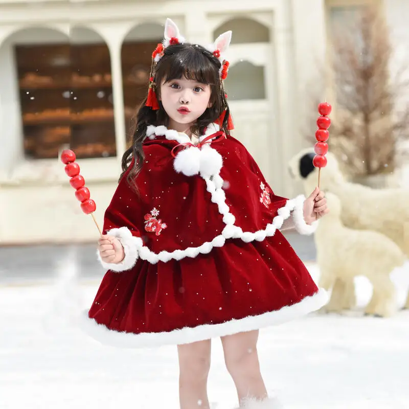 

Christmas Girl Kawaii Lolita Princess Dress Winter New Children's Cartoon Anime Fashion Thick Warm Cloak Dress Sweet Clothing