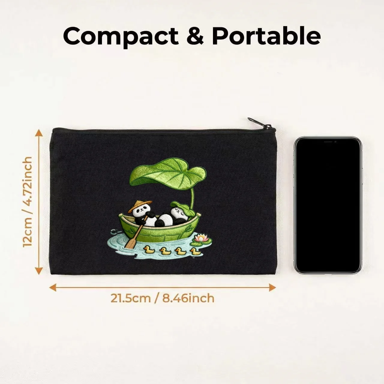 1PC Chinese Style Cute Panda Lotus Leaf Duckling Print Makeup Bag Double Sided Canvas Daily Storage Organizer