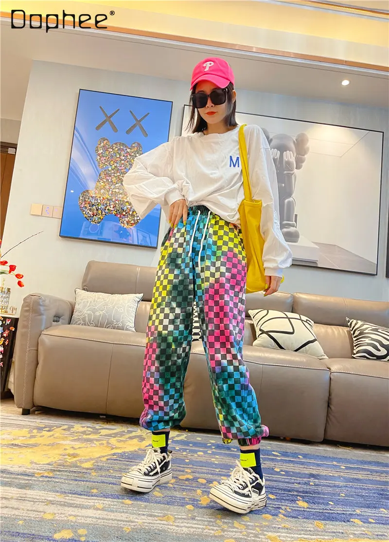 2023 Spring New Color Tie-Dyed Plaid Casual Pants Women's Elastic Waistband Long Pants Loose High Waist Harem Pants Female