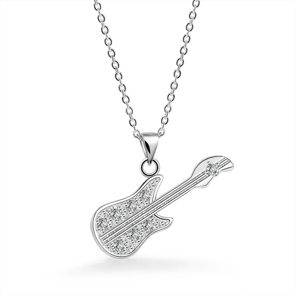 Fashion Women 925 Sterling Silver Guitar Pendant Necklace Teen Girls AAA Zircon Choker 18 Inch O-Chain Solid Silver Fine Jewelry