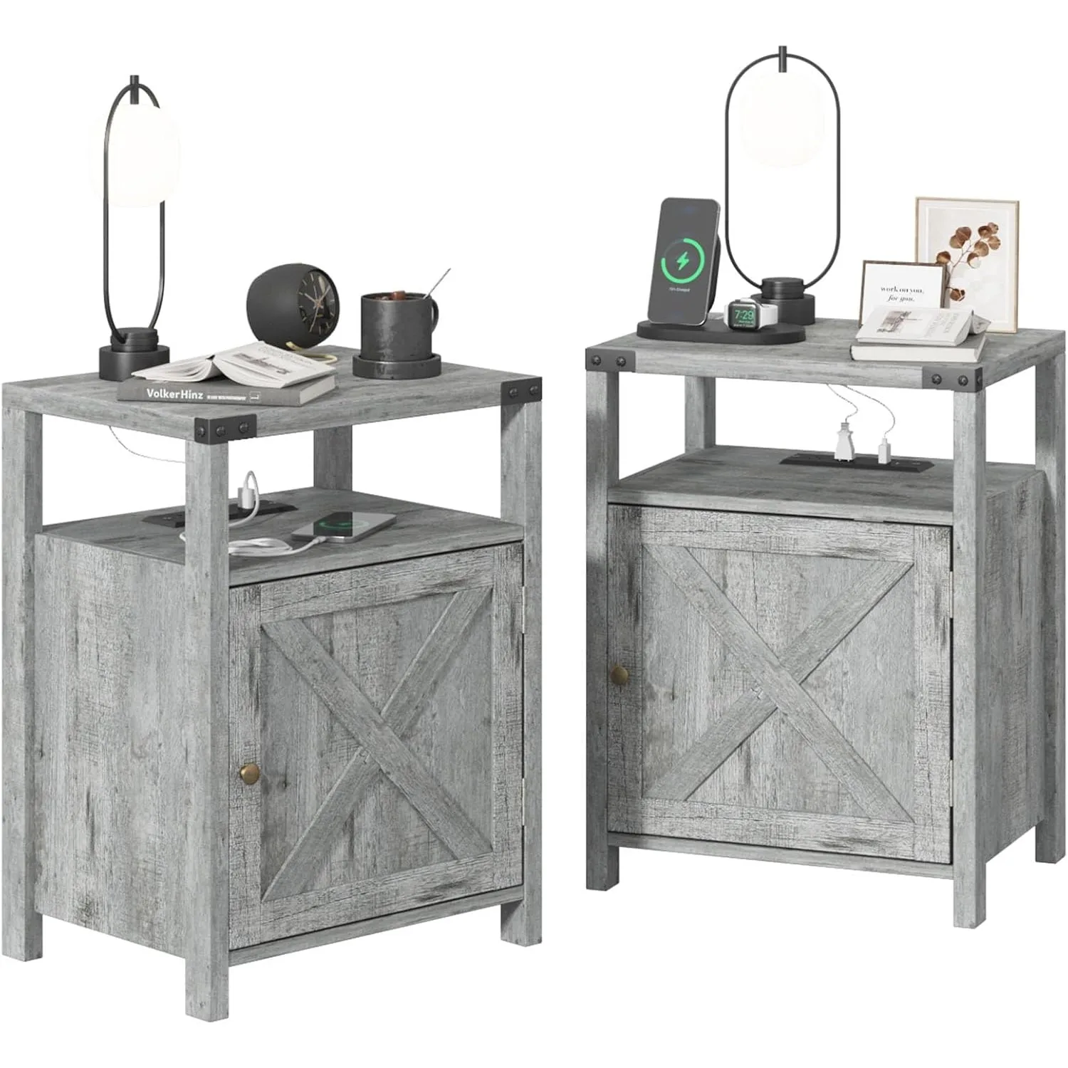 

Nightstands Set of 2, Night Stand with Charging Station, Farmhouse End Table for Living Room with USB Ports and Outlets