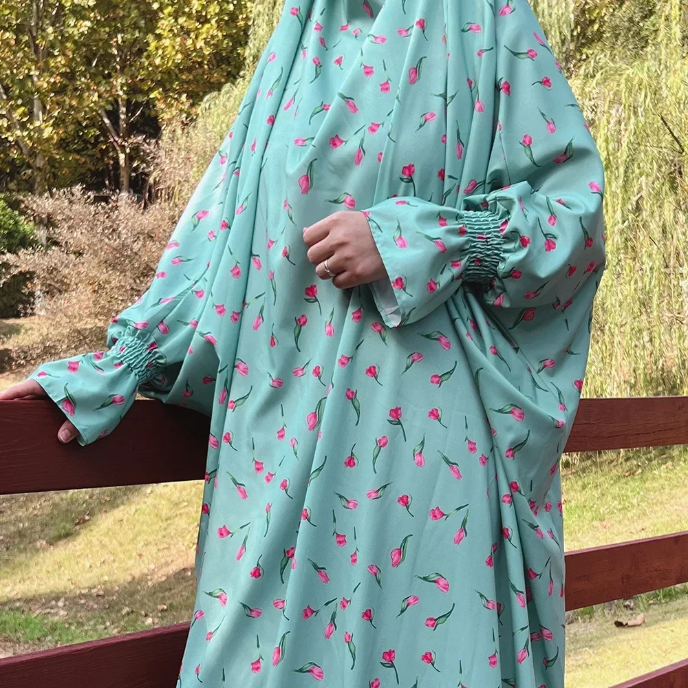 

Ramadan Hooded Abaya Muslim Women Floral Print Prayer Garment Overhead Abayas Kaftan Islam Khimar Dress Eid Djellaba Robe Gown