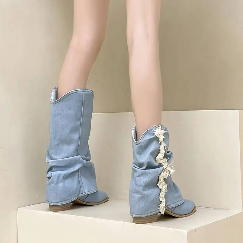 

Women Boots Autumn Winter Vintage Versatile Denim Boots Design Chunky Heel Pipe Boots Pointed Toe Slimming Fashion Boots