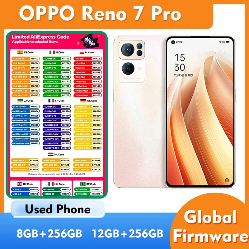 هاتف OPPO Reno7 Pro 5g الذكي CPU Dimensity 1200 شاشة 6.55 بوصة جميع الألوان هاتف مستعمل يعمل بنظام أندرويد