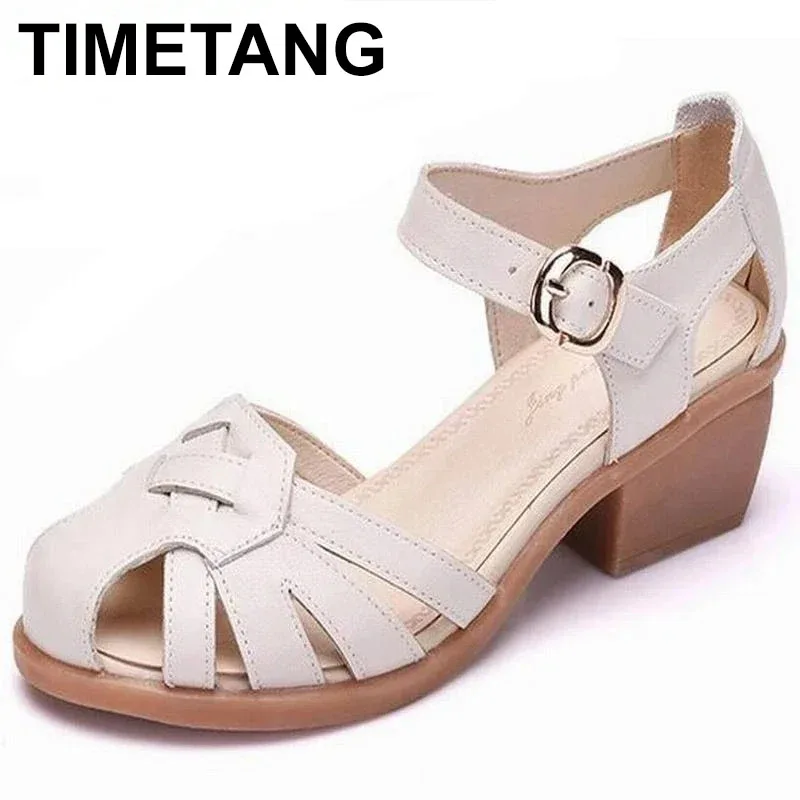 

2025 New Summer Sandals Cow Leather Luxury Roman Sandals Casual Buckle Strap Summer Shoes Thick Heel Women High Heels