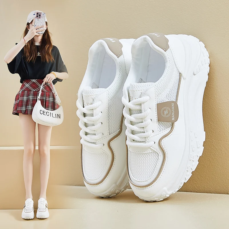 

New Stylish Women Height Increasing Golf Shoes White Khaki Girl Popular Leisure Golfing Training Sneakers Thick Bottom Sneakers