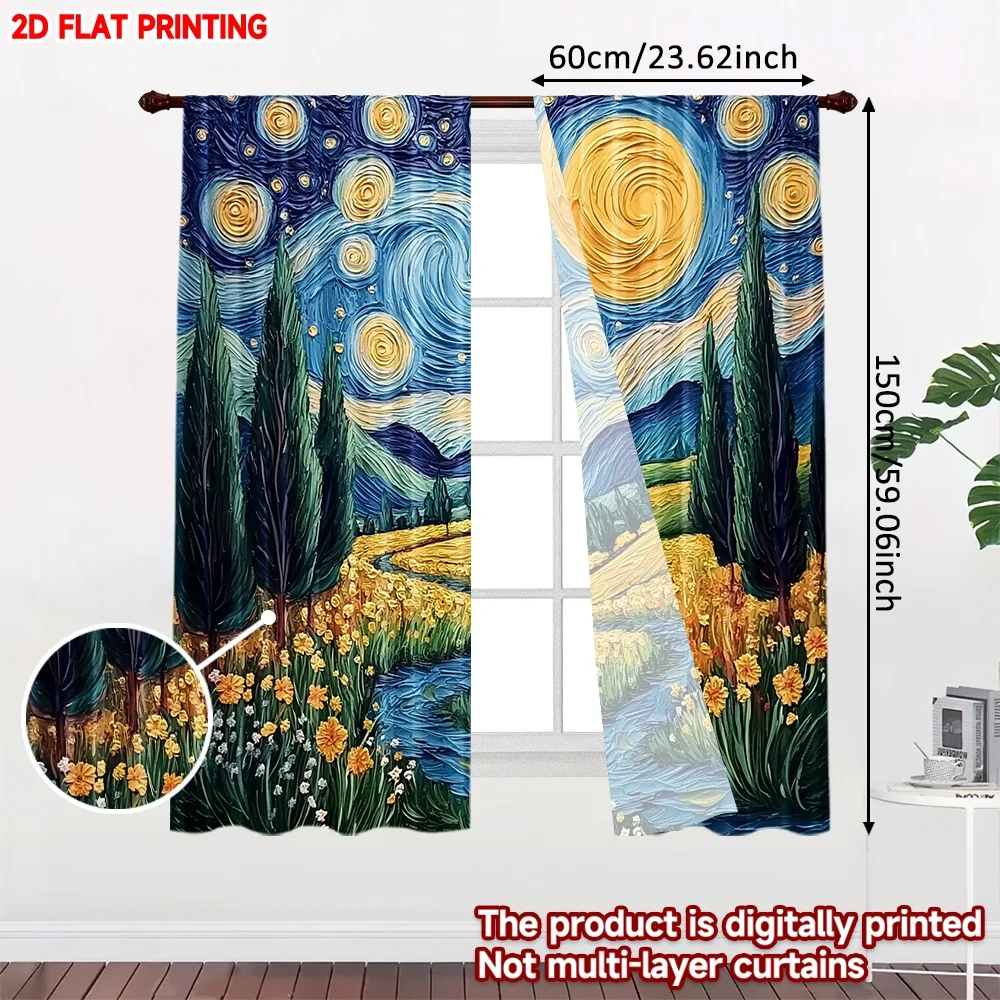 2D flat printing 2pcs Curtain Window Curtains Starry Night Over Meadow Digital Printed Polyester Drapes Party Decorations