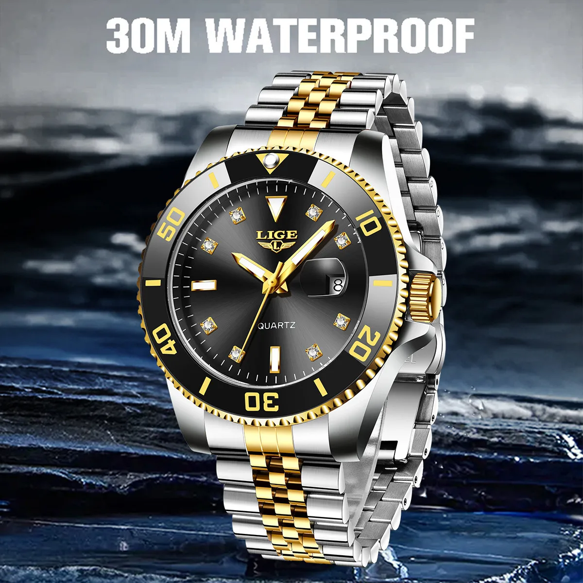 LIGE Luxury Man Watch Fashion Business Calendar Diamond Mens Watch Luminous Waterproof Stainless Steel Quartz Watches for Men