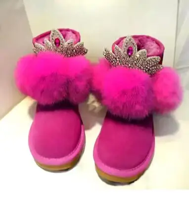 

Winter Rose Pink Suede Round Toe Rabbit Fur Crown Diamond Flat Ankle Boots Women Bling Crystal Rhinestone Warming Short Boots