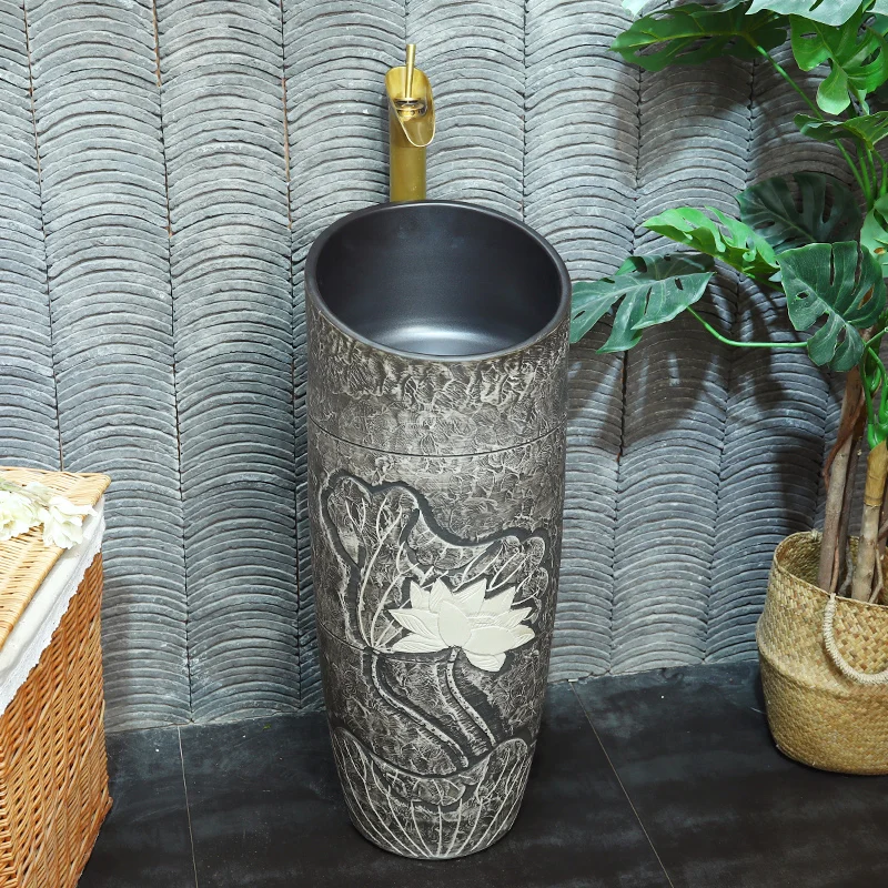 Retro carved outdoor courtyard column basin, industrial style washbasin, integrated column style washbasin, balcony sink