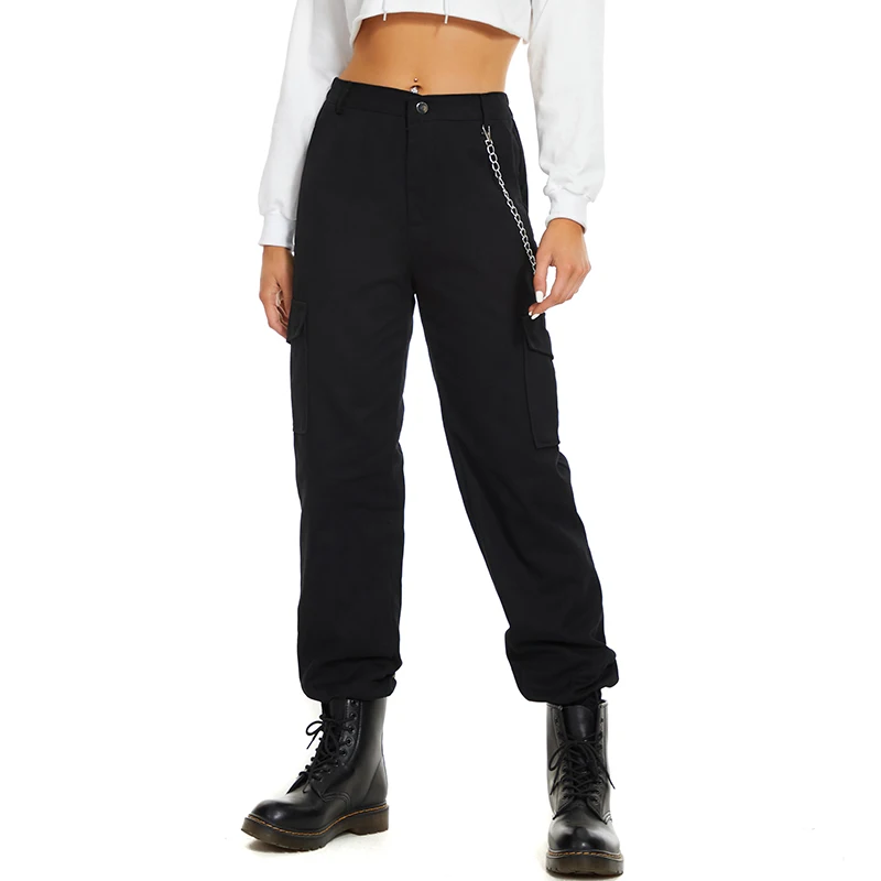 

Vangull Spring New Fashion Solid Cotton Women Cargo Pants High Waist Simple OL Style Loose Female Long Trousers With Chain