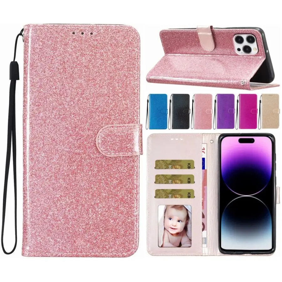 Cute Glitter Phone Case For Apple iPhone 15 14 13 11 12 Pro Max 6 6s 7 8 Plus SE 2020 Woman Kids Wallet Card Holster Cover P18D