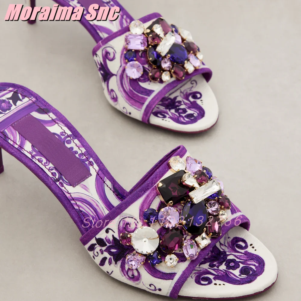 

Luxury Crystal Gemstone Detailing Mules Round Open Toe Stiletto Mid Heel Slip On Sexy Fashion Women's Summer Slippers Banquet