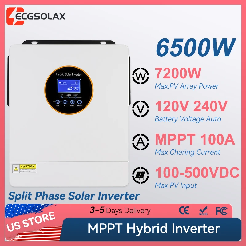 ECGSOLAX 6.5KW 48V Hybrid Solar Inverter 120V/240V With MPPT 100A Solar Charger Split Phase Pure Sine Wave Inverter Max PV 500V