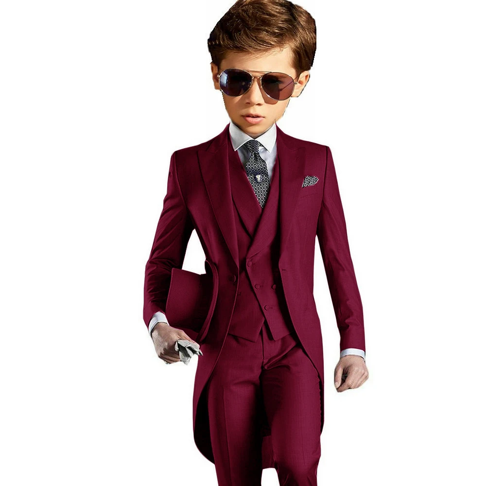 Light Grey Boys Suits Long Tuxedo Jacket Pant Vest Tailcoat 3-Piece Suit Wedding Dress Kids Formal Business Blazer