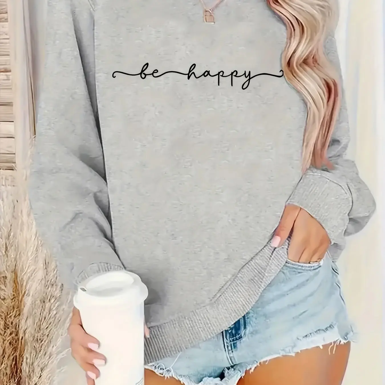 Sudadera informal con estampado de corazón para mujer, diseño geométrico, manga larga, cuello redondo, lavable a máquina, ajuste Regular para otoño