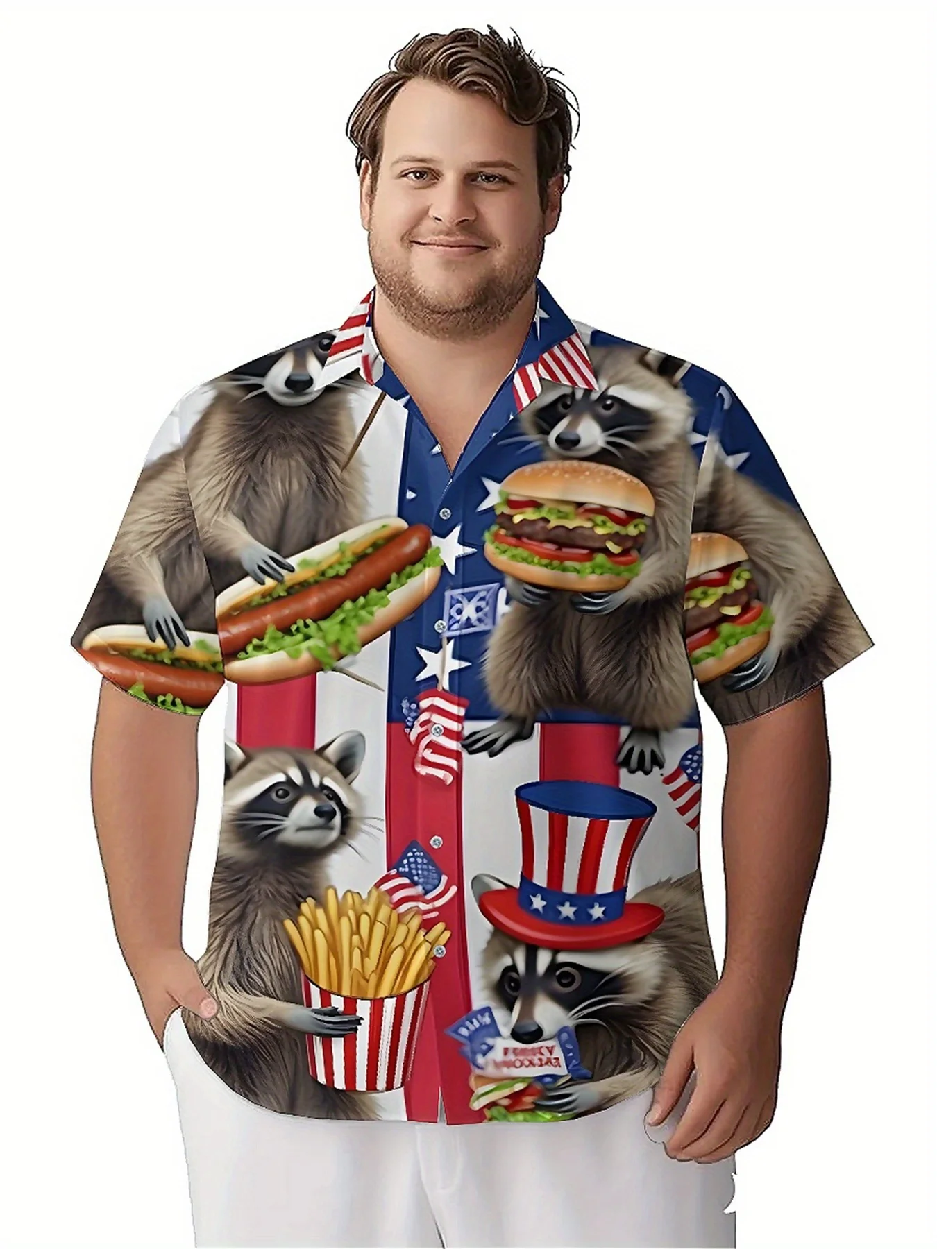 Camisas havaianas plus size masculinas com tema de bandeira americana padrão de festa de guaxinim, camisas com botões, roupas casuais unissex, tops de verão
