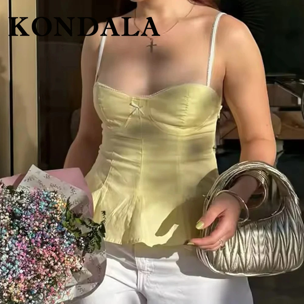

KONDALA Chic Sexy Striped Lace Cami Woman Tops Sweetheart Pink Y2K Vest Fashion 2025 Summer Streetwear Pleated Yellow Mujer Tops