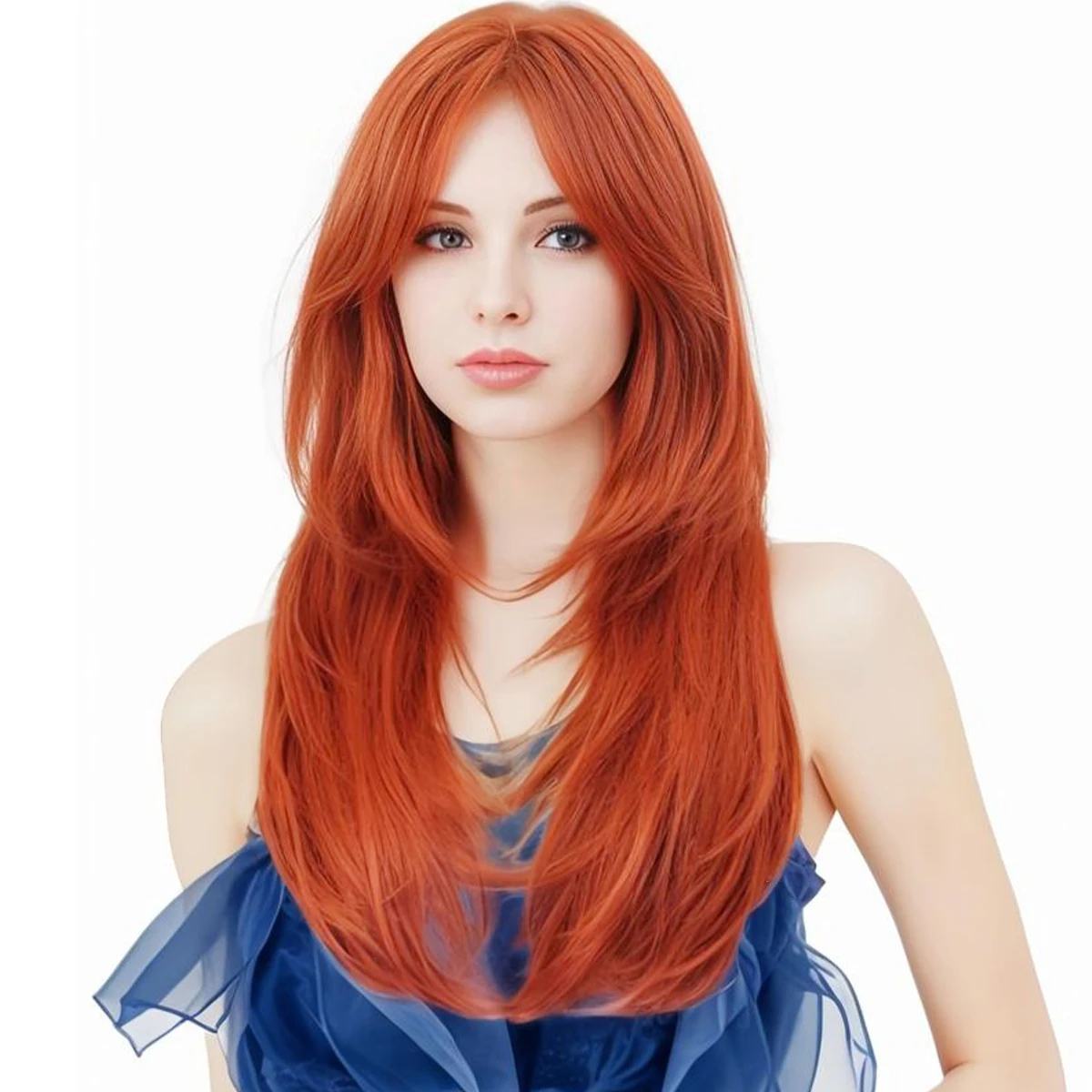 

Synthetic Long Curly Orange Natural Curly Hair With Bangs Women's Heat-Resistant Wig Layered Fashion Girl Long Hair