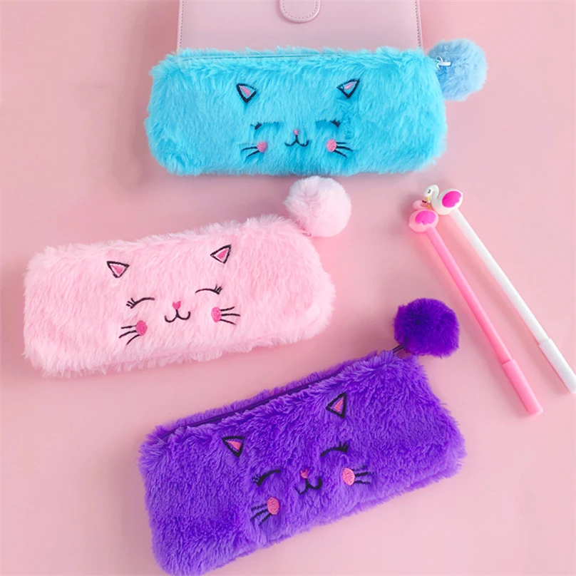 Cute Cat Pencil Case Plush Pencil Cases For Girls Trousse Scolaire Soft School Supplies Estuche Escolar Stationery Pencil Pouch