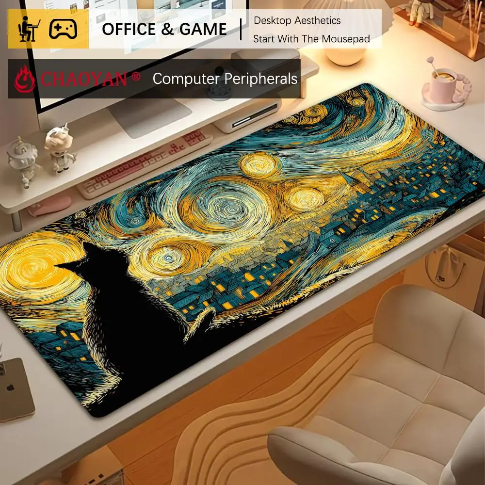 Mauspad mit abstraktem Sternenhimmel und Katze, Schreibtischunterlage, rutschfest, langlebig, Büro-Mausmatte, Gaming-Matte mit genähtem Rand, HD-Druck