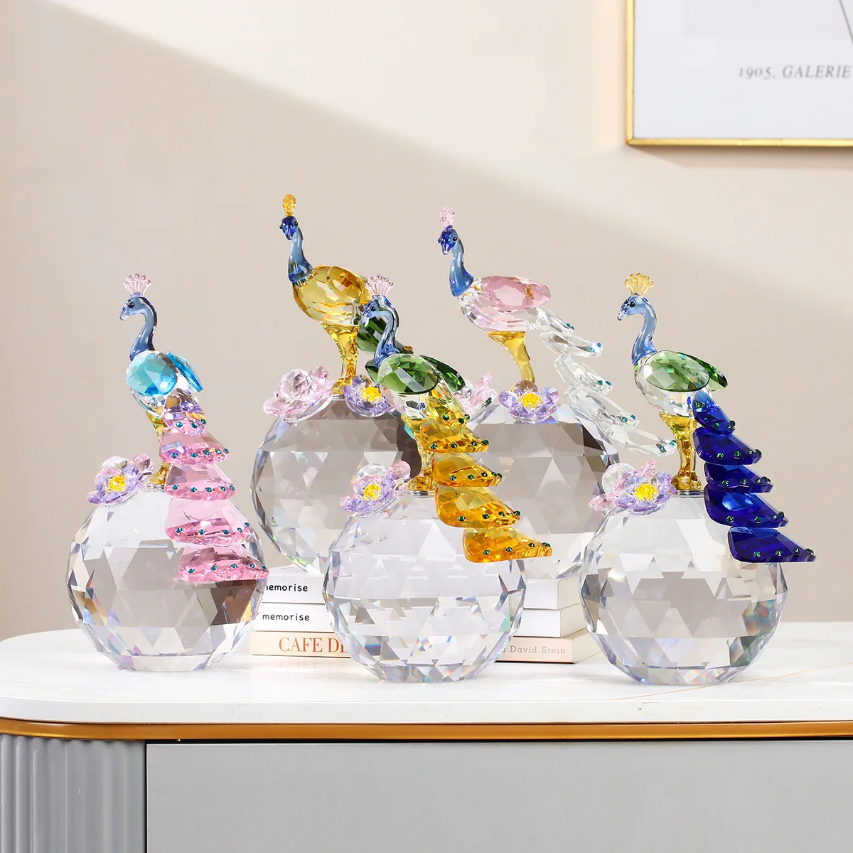 For Mini Crystal Peacock Ball, Colorful Carved Glass Desktop Ornament, Festival Gift for Home Decor