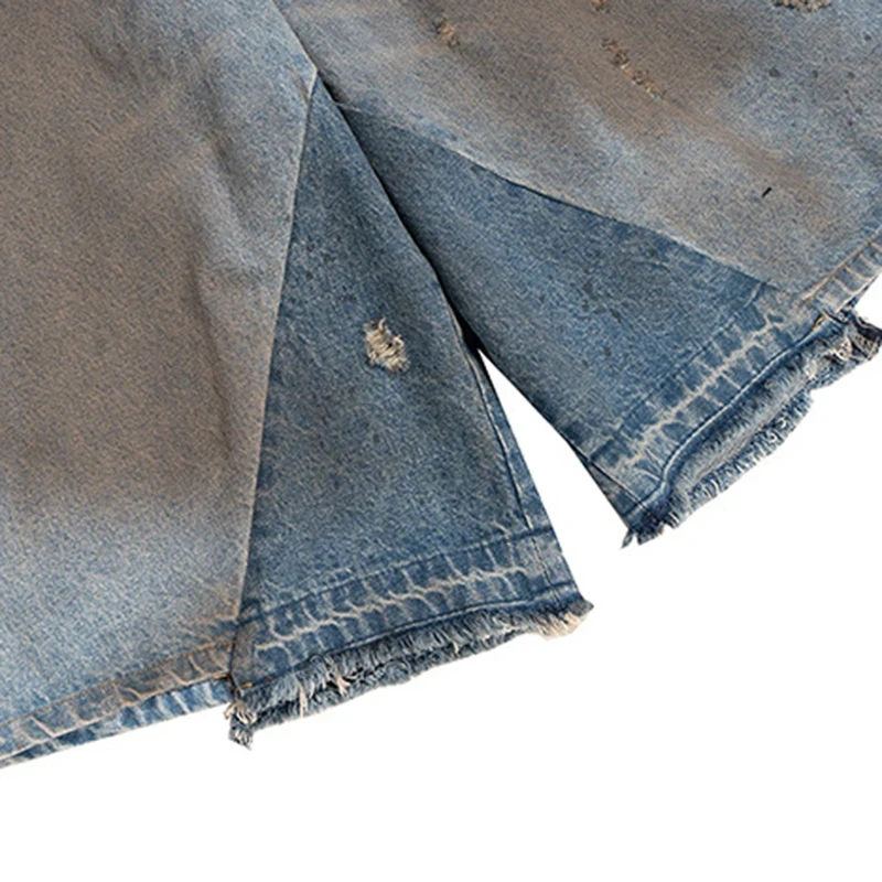 Men Vintage Blue Denim shorts Fake Two Pice Ripped Wide Leg Jeans Streetwear Harajuku Hip Hop