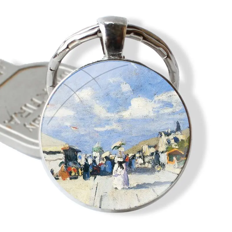 Claude Monet Classic Oil Painting Keychain Glass Cabochon Metal Pendant Classic Men's Women's Keyring