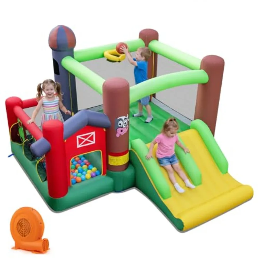 

Inflatable Farm Themed Bounce House for Indoor Outdoor Blue and Green Double Slides Ground Stakes Toddler Bounce House with 750
