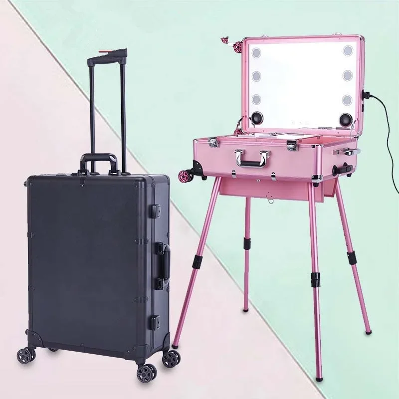 Melason Wholesale LED Lighted Mirror Makeup Artist Trolley Storage Cosmetic Case With Audio Organizer