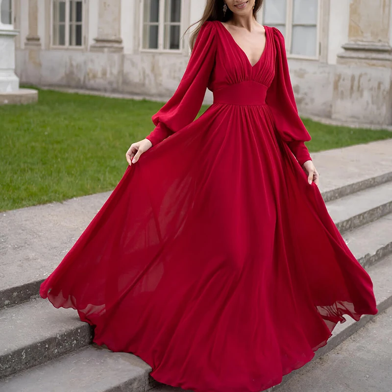 Elegant Long Sleeve Chiffon Party Dress Fall Fashion Pleated Robe Dress Red Women's Sexy Deep V High Waist Evening Dress Vestido