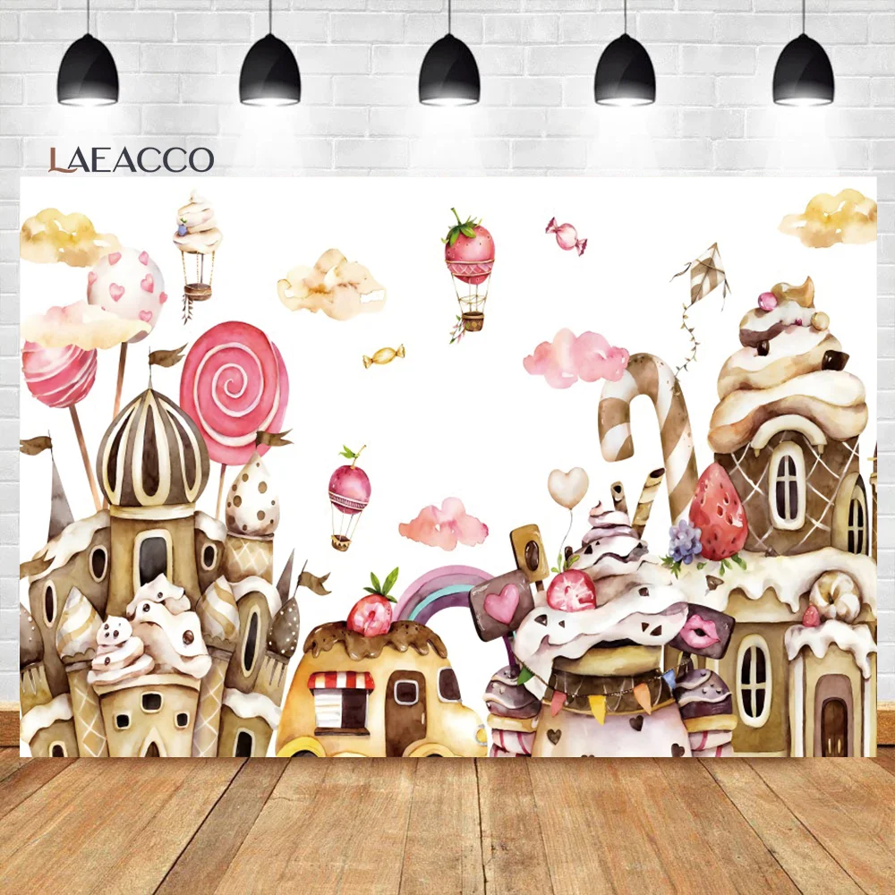 

Laeacco Lollipop Candyland Backdrop Sweet Candy Ice Cream Donut Cartoon Rainbow Girls Birthday Customized Photography Background