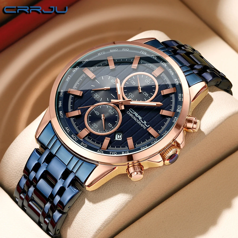 2024 New CRRJU Design Top Brand Men's Sports Quartz Watches Sapphire Stainless Steel Waterproof Chronograph Luxury Reloj Hombre