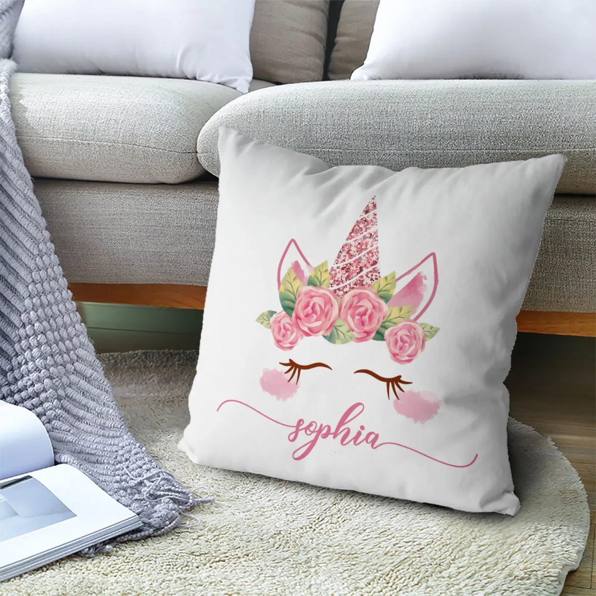 WUZIDREAM Personalized Unicorn Cushion Name Kids Room Decor Throw Pillow Zipper Home Sofa Decorative Pillow Cover Cushion Case