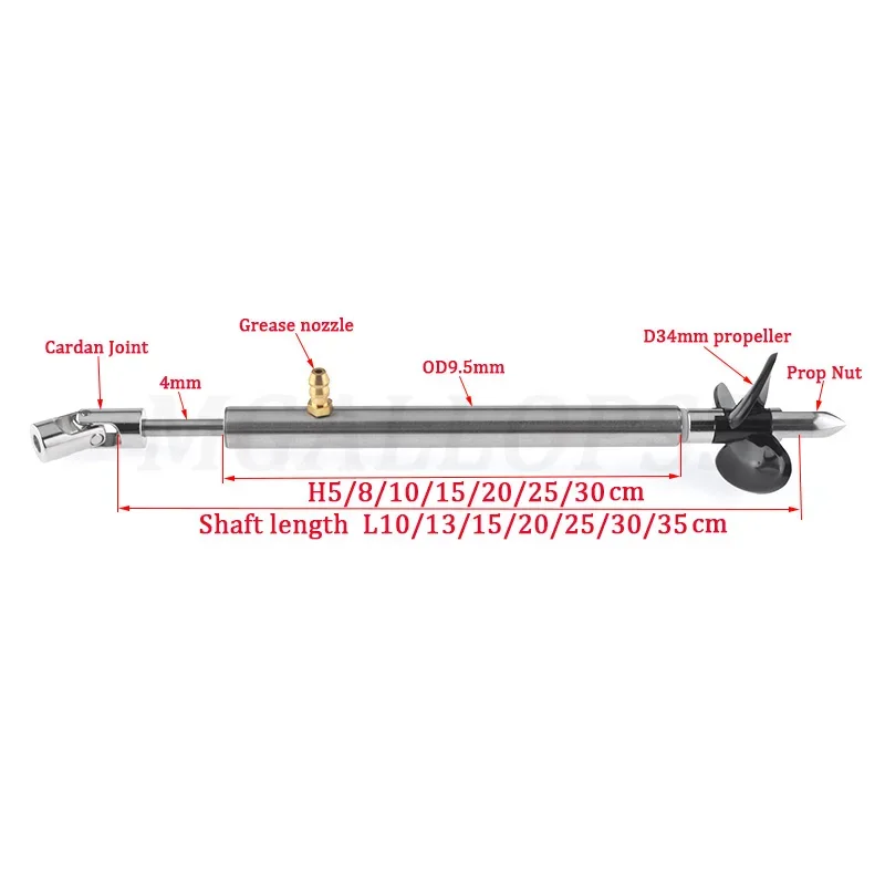 Aço inoxidável RC Boat Drive Shaft, Manga do eixo com bocal de graxa, 3 lâminas hélice, Prop Nut, Cardan Joint, 4mm, 1 conjunto