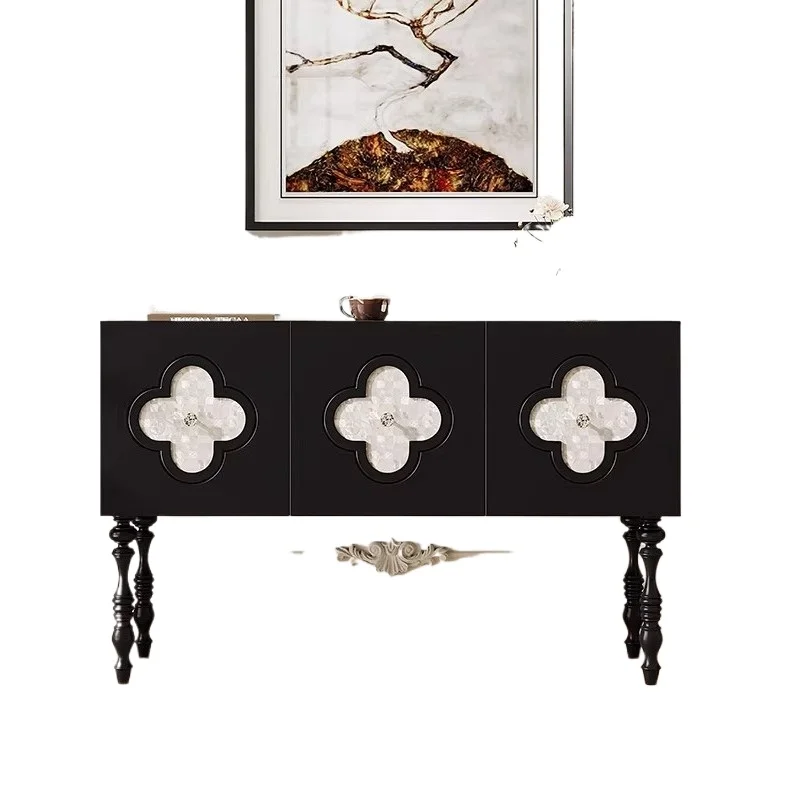 

French retro solid wood side cabinet, living room bedroom storage cabinet, tall storage, black four-leaf clover decoration