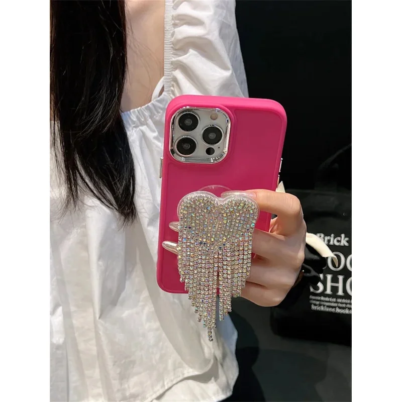 Korean Luxury Glitter Rhinestone Tassels Heart Bracket Rose Red Case For iPhone 16 15 14 13 12 11 Pro Max Shockproof Cover