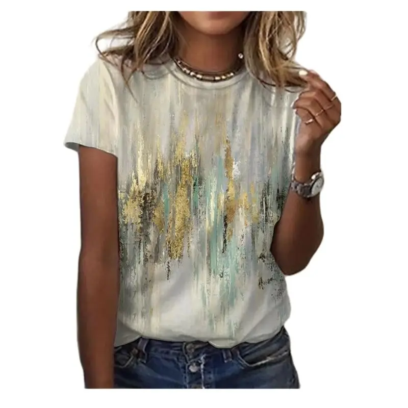 تي شيرت نسائي صيفي ort Sve ثلاثي الأبعاد مطبوع عليه زهور لوحة زيتية كاجوال مريح من القطن لربيع الخريف #2