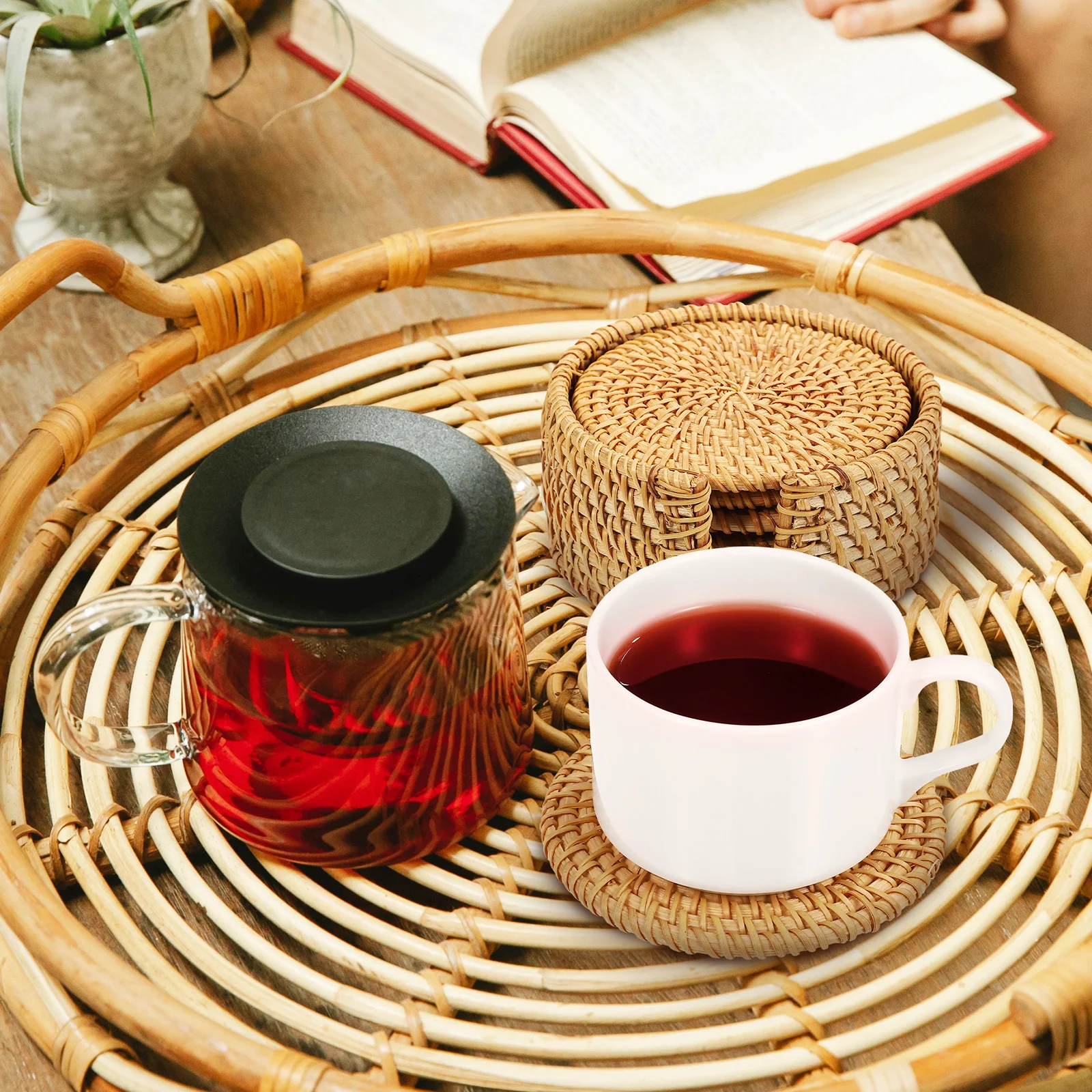

1Set Rattan Coasters Set Round Woven Cup Mats for Drinks Table Protection Boho Decorative Holder Included Coffee Table Organizer