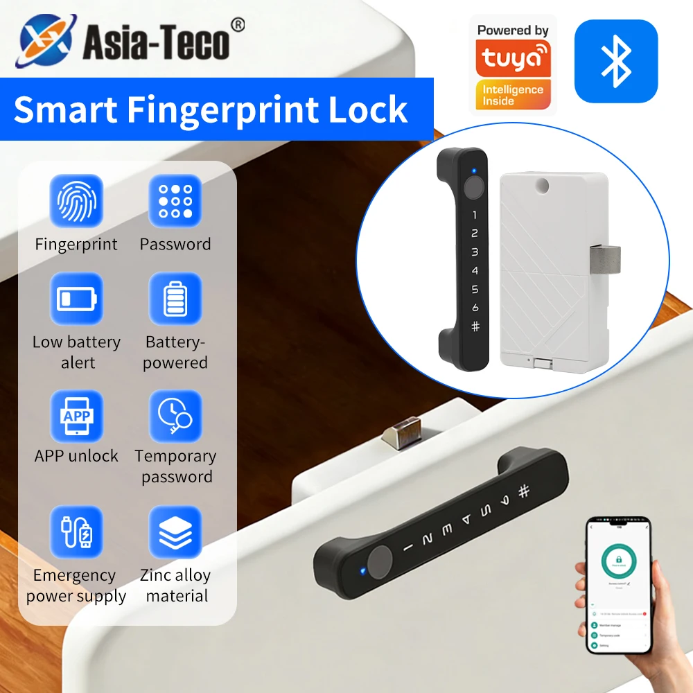 Smart Fingerprint Drawer Lock Works with Tuya App Biometric Cabinet Lock Keyless Password Easy Install for Bedroom Closet