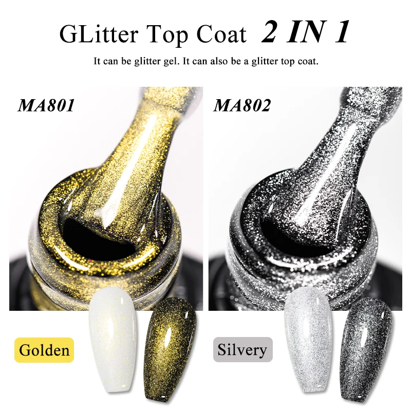 7ml 2 IN 1 Gold Silver Glitter Top Coat Gel Nail Polish Semi Permanent Soak Off UV Gel Varnish Can Be Applied On Any Color Base