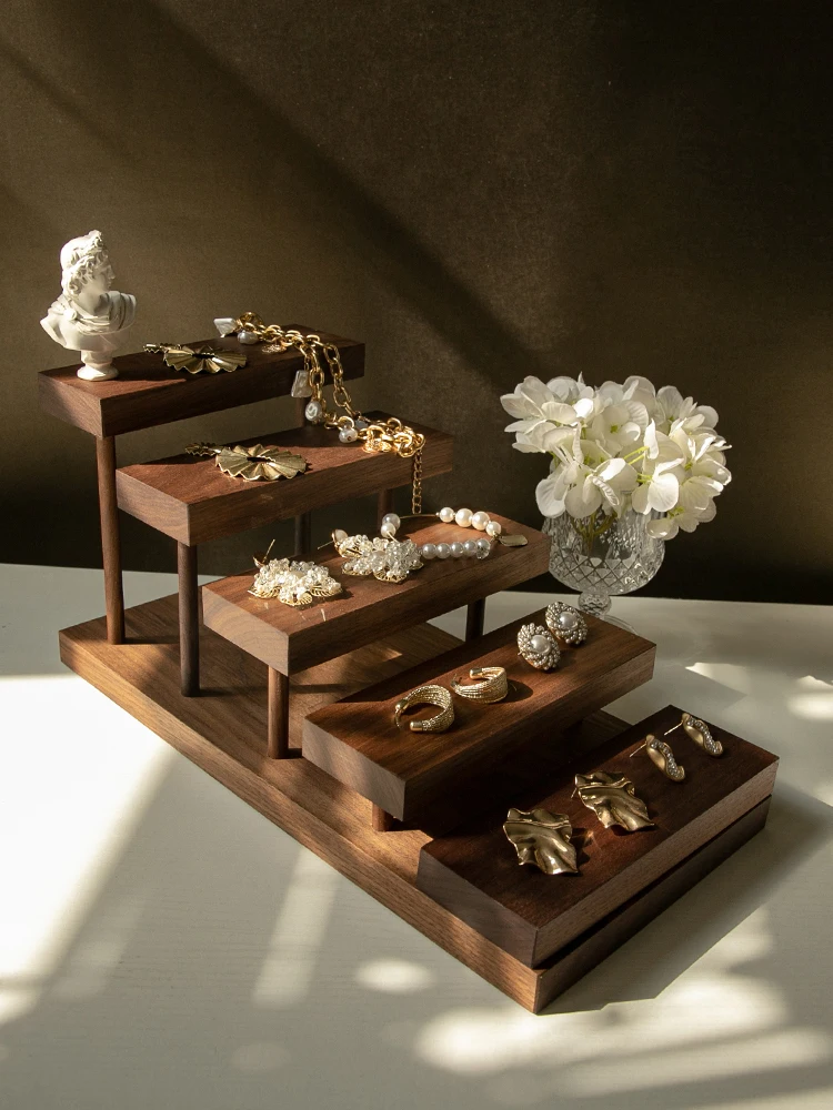 Walnut jewelry display props jewelry tray earrings necklace bracelet wooden ladder multi-layer display stand