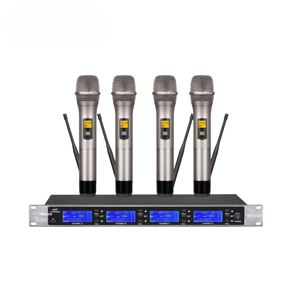 Professional Karaoke 4 Wireless Microphone UHF Handheld Collar Microfono System