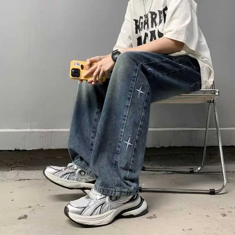 

Retro American Embroidered Loose Fit Lightweight Men's Jeans Cross Stitch Straight Leg Long Trousers Casual High Street Sle
