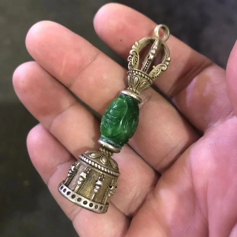 Vintage White Copper Silver-Plated Gemstone Inlaid Ornament Bell Vajra Back Cloud Buddha Bead Cultural Play Accessor